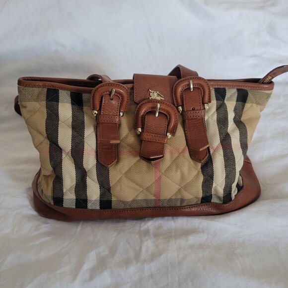 Authentic Burberry Brown Quilted House Check Fabric Tote - Picture 2 of 11